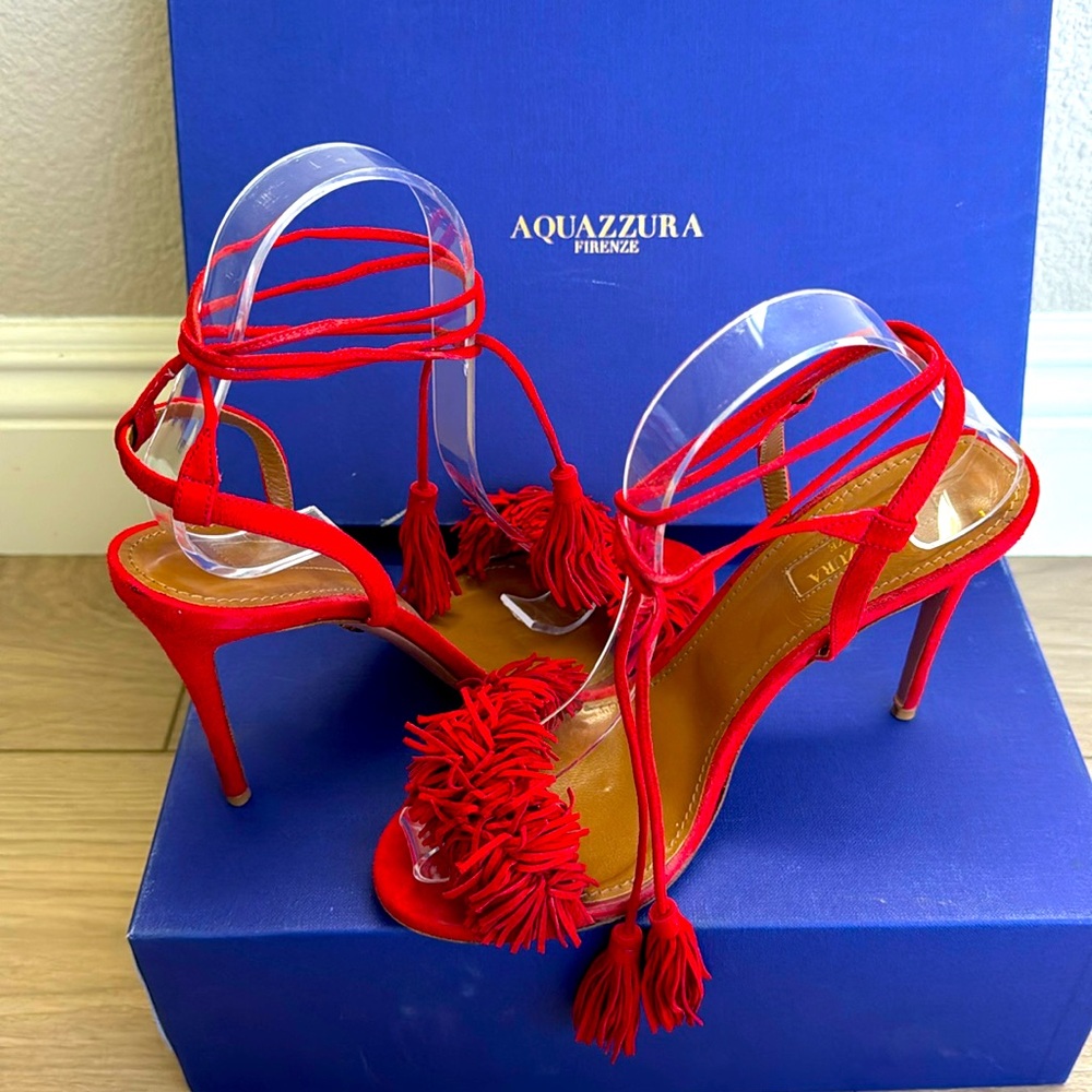 Aquazurra Wild Thing Red Velvet Sandal Heels Size 37.5